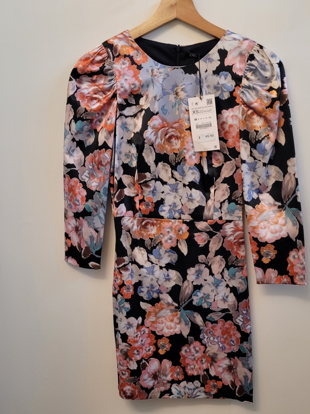 ZARA Black Floral Long-Sleeve Puff-Sleeve Dress